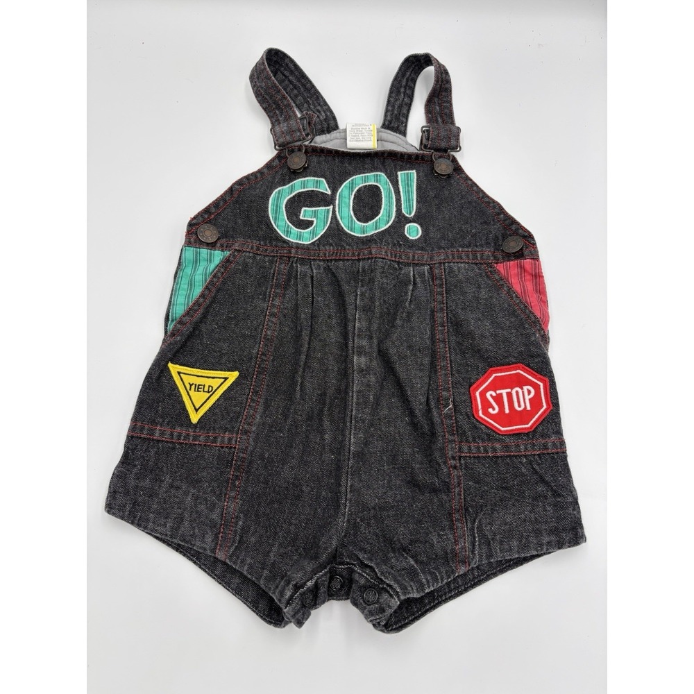 VTG Road Sign Black Denim Shortalls Sz 24 Months Overalls GO STOP YIELD Papertag